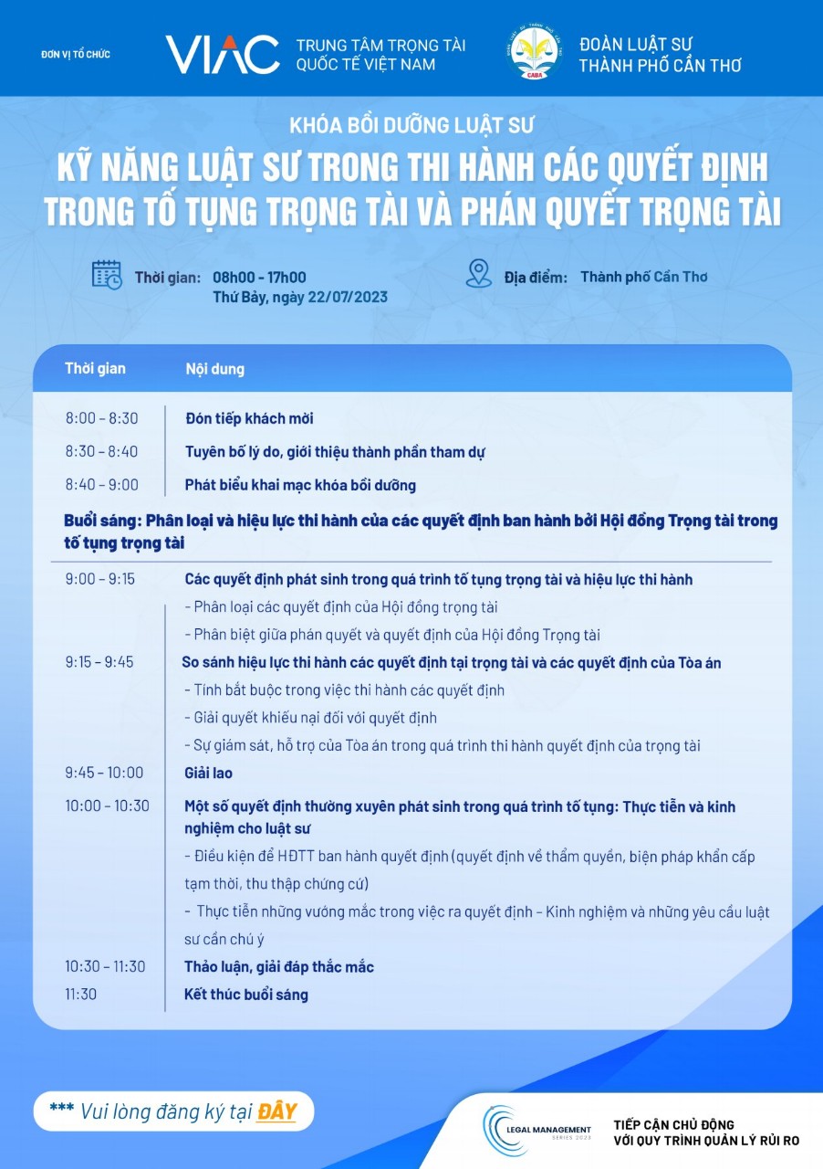 Khoá bồi dưỡng luật sư - kỹ năng luật sư trong thi hành các quyết định trong tố tụng trọng tài và phán quyết trọng tài- Đoàn luật sư thành phố Cần Thơ