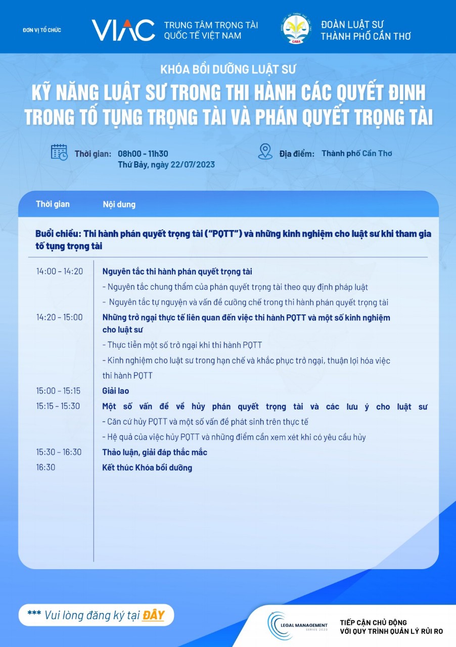 Khoá bồi dưỡng luật sư - kỹ năng luật sư trong thi hành các quyết định trong tố tụng trọng tài và phán quyết trọng tài- Đoàn luật sư thành phố Cần Thơ